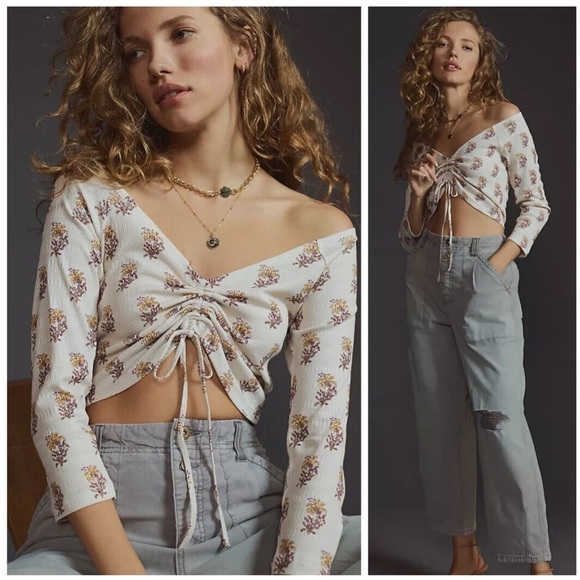 Anthropologie Tops - Anthropologie Boho Floral Print Cinched Sabrina Cropped Shirt Top